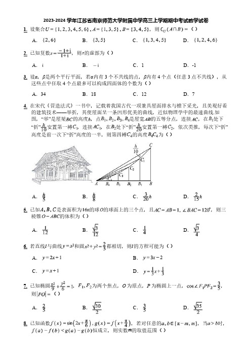 2023-2024学年江苏省南京师范大学附属中学高三上学期期中考试数学试卷