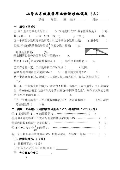 小学六年级数学毕业检测模拟试题(三)