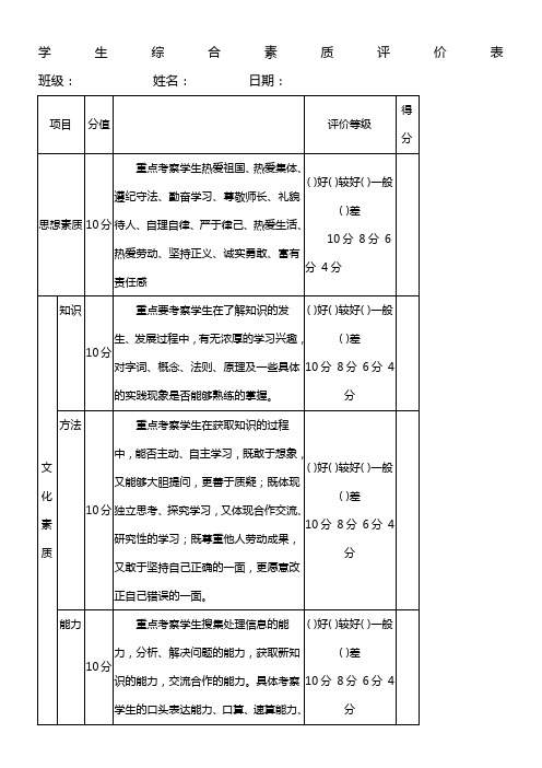 小学生综合素质评价表-简单