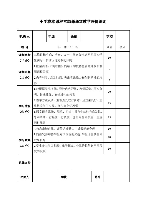 小学校本课程常态课课堂教学评价细则