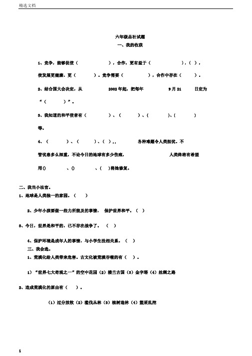 小学六年级品德与社会下册期末测试题