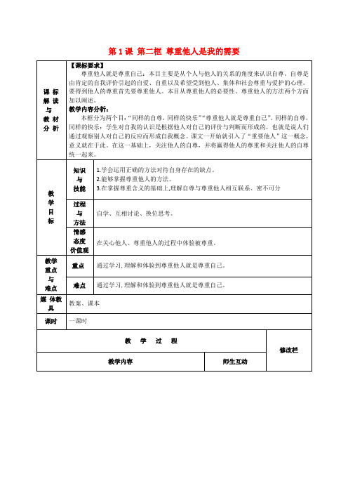 人教版初中政治七年级下册1.2尊重他人是我的需要word教案(10)