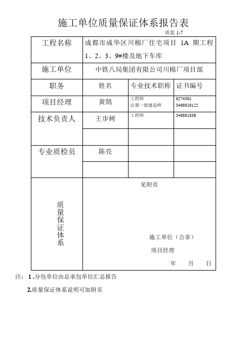 施工单位质量保证体系报告表
