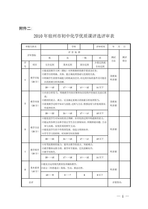 2010年宿州市初中化学优质课评选评审表