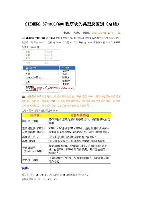 SIEMENS S7300-400程序块的类型和区别