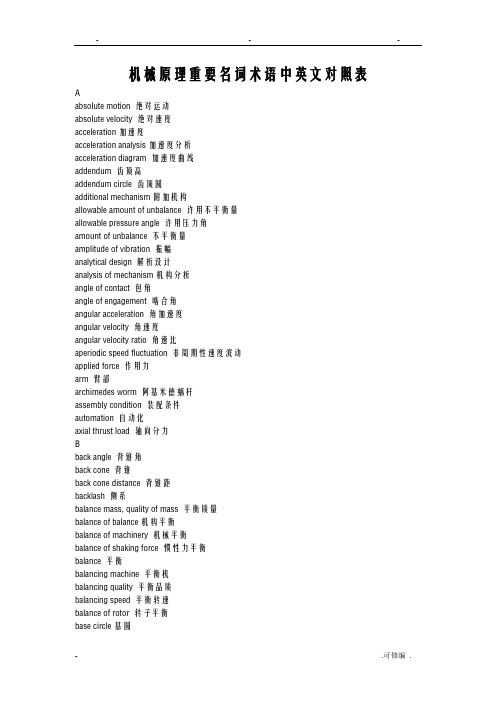 机械原理重要名词术语中英文对照表