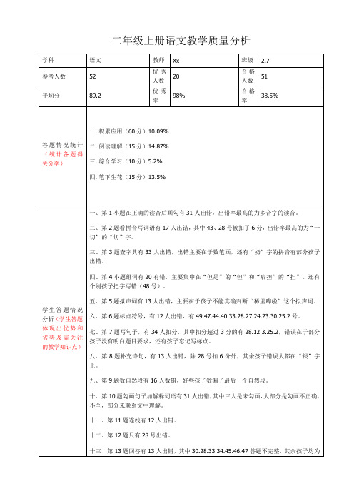 二年级上册语文教师个人质量分析