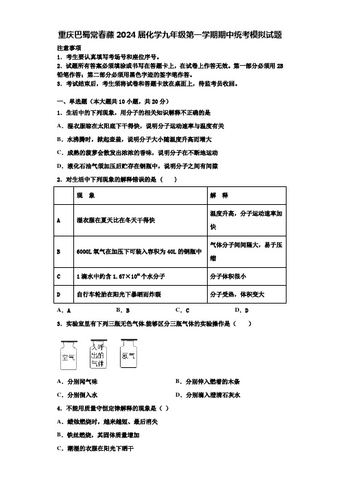 重庆巴蜀常春藤2024届化学九年级第一学期期中统考模拟试题含答案解析