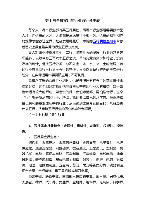 史上最全最实用的行业五行分类表