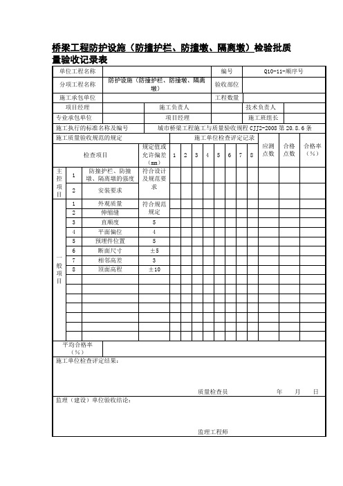 桥梁工程防护设施(防撞护栏、防撞墩、隔离墩)检验批质量验收记录表