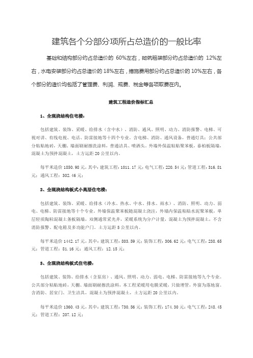 建筑各个分部分项所占总造价的一般比率