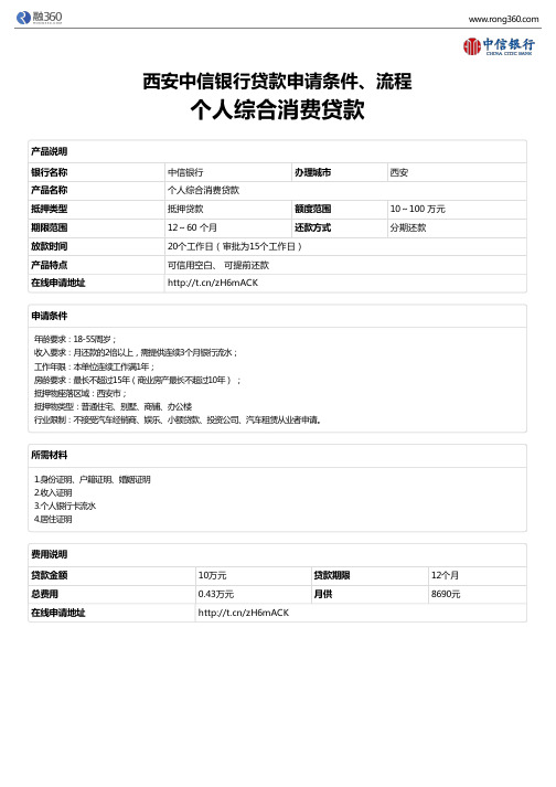 《个人综合消费贷款》西安中信银行-房屋抵押贷款-申请条件、材料、流程、利率