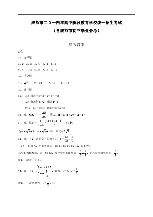 2014年成都市中考数学试题详解答案