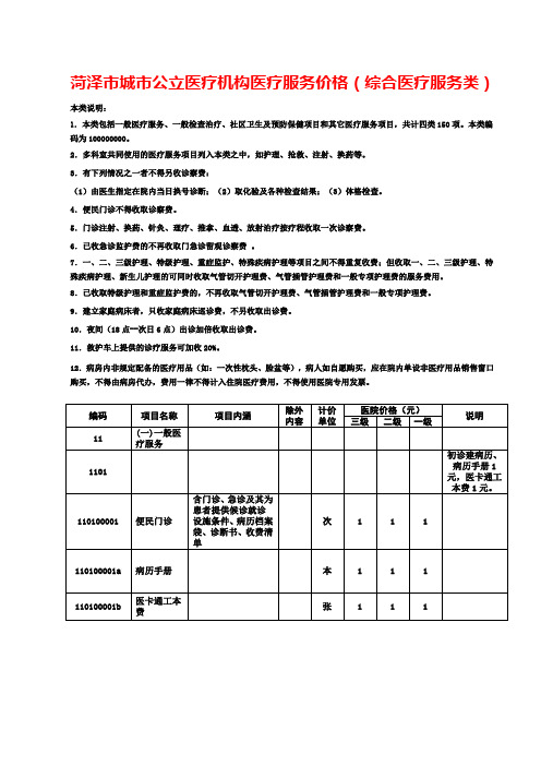 菏泽市城市公立医疗机构医疗服务价格(综合医疗服