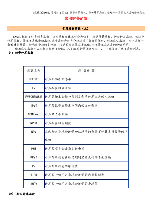 (完整版)EXCEL常用财务函数：投资计算函数、折旧计算函数、偿还率计算函数及其他金融函数