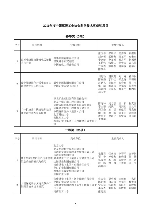 2011年度中国煤炭工业协会科学技术奖获奖项目