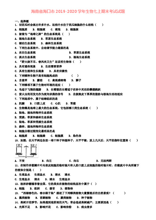 海南省海口市2019-2020学年生物七上期末考试试题