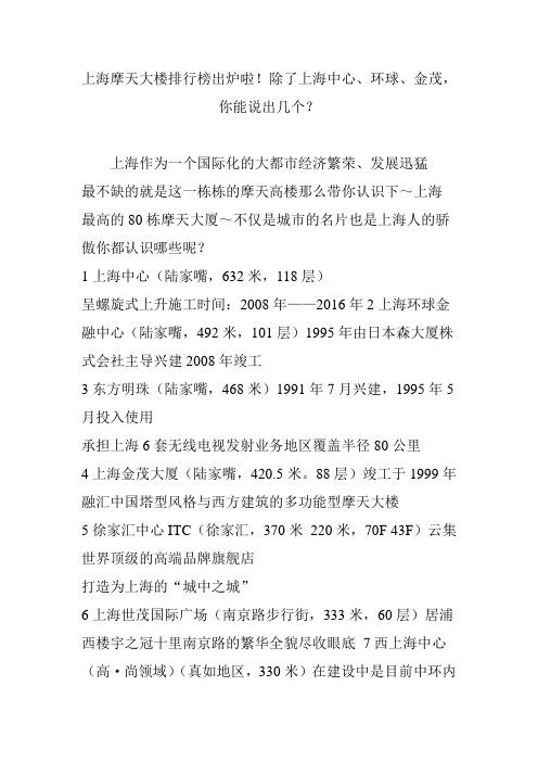 上海摩天大楼排行榜出炉啦!除了上海中心、环球、金茂-你能说出几个？