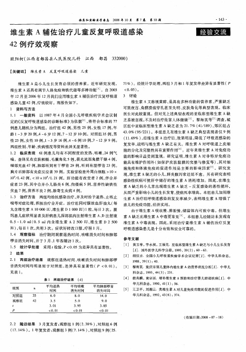 维生素A辅佐治疗儿童反复呼吸道感染42例疗效观察