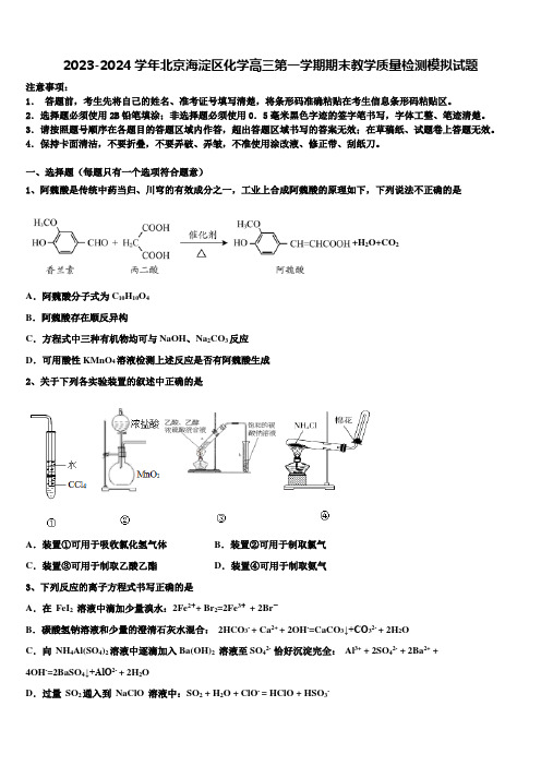 2023-2024学年北京海淀区化学高三第一学期期末教学质量检测模拟试题含解析