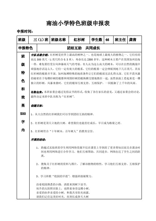 南油小学德育特色班级申报表