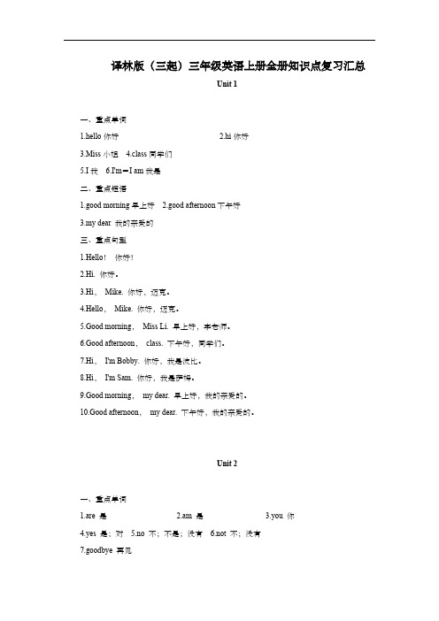 译林版(三起)三年级英语上册全册知识点复习汇总