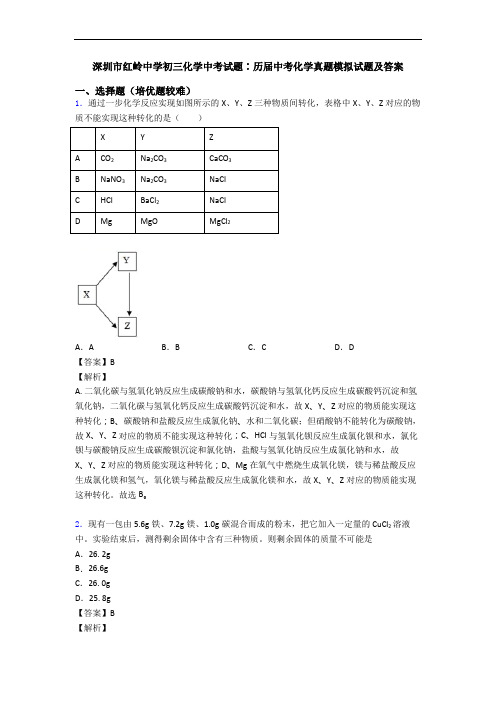 深圳市红岭中学初三化学中考试题∶历届中考化学真题模拟试题及答案