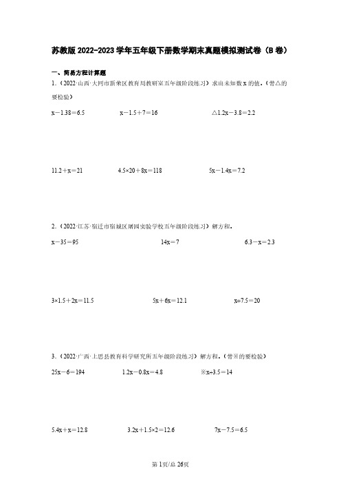 苏教版2022-2023学年五年级下册数学期末真题模拟测试卷(B卷)含解析