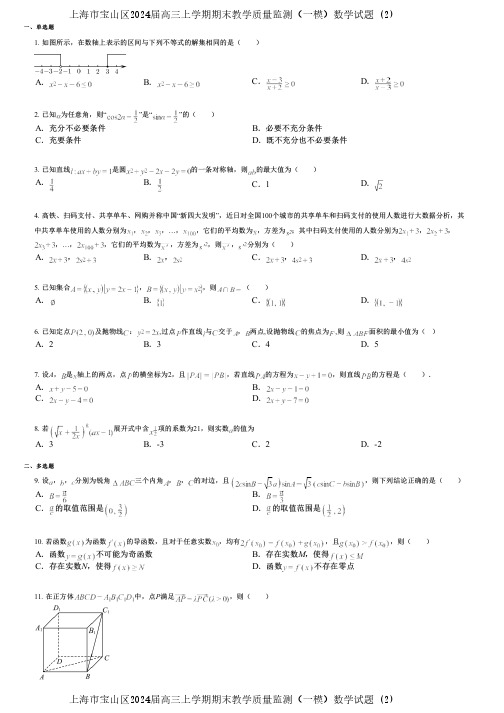 上海市宝山区2024届高三上学期期末教学质量监测(一模)数学试题 (2)