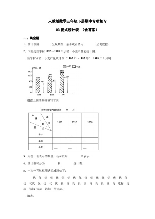 【期中专项复习】人教版数学三年级下册复式统计表专项练习题(含答案)