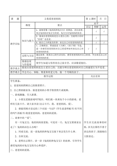 (苏教版)道德与法治一年级上册第一单元2、我爱爸爸妈妈 (1)教案