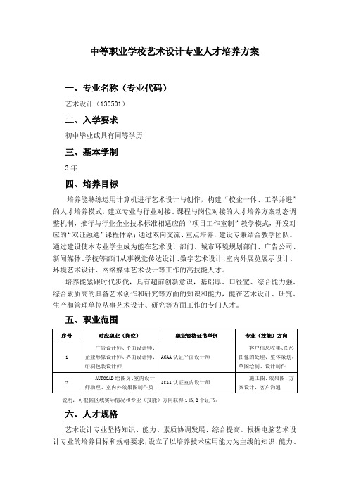 中等职业学校艺术设计专业教学计划