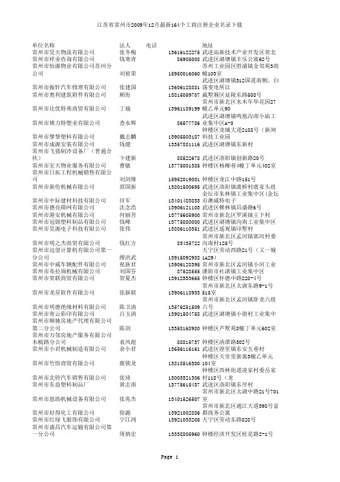 江苏省常州市2009年12月最新164个工商注册企业名录