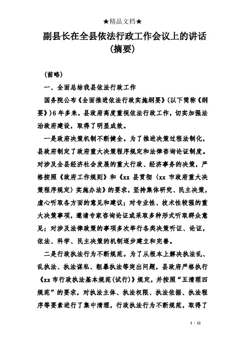 副县长在全县依法行政工作会议上的讲话摘要