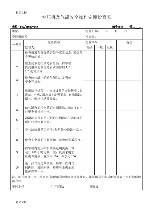 空压机及气罐安全操作定期检查表(汇编)