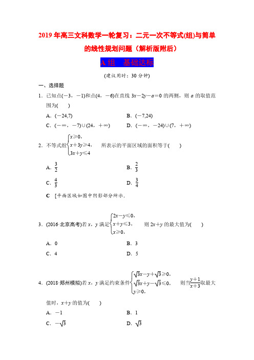 2019年高三文科数学一轮复习：二元一次不等式(组)与简单的线性规划问题(解析版附后)