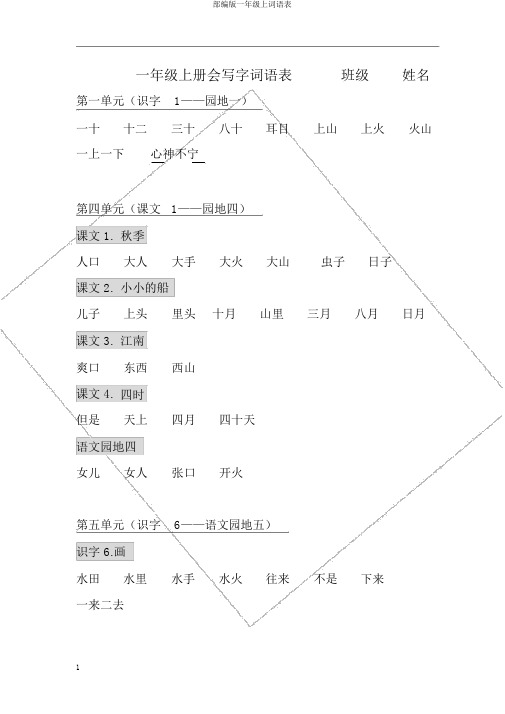 部编版一年级上词语表