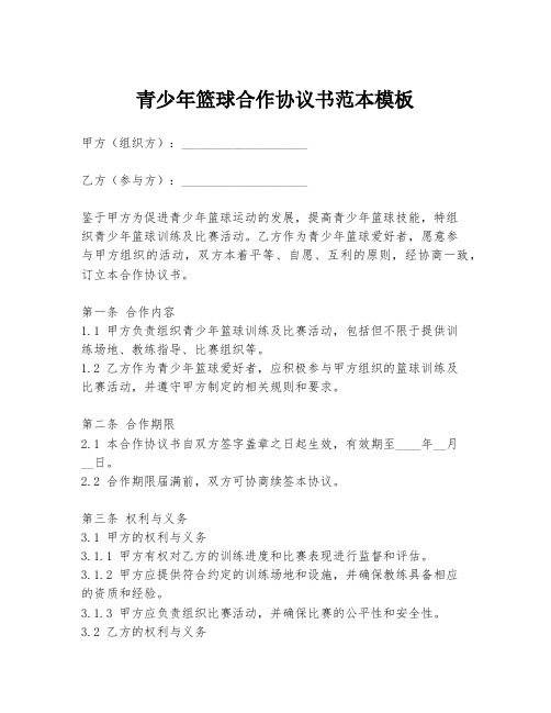 青少年篮球合作协议书范本模板