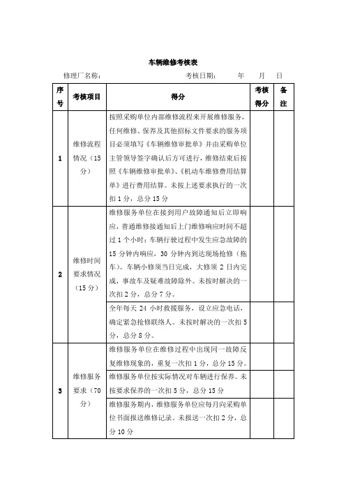 车辆维修考核表