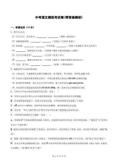 中考语文模拟考试卷(带答案解析)