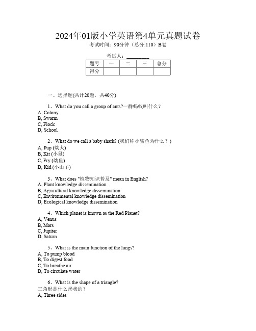 2024年01版小学I卷英语第4单元真题试卷