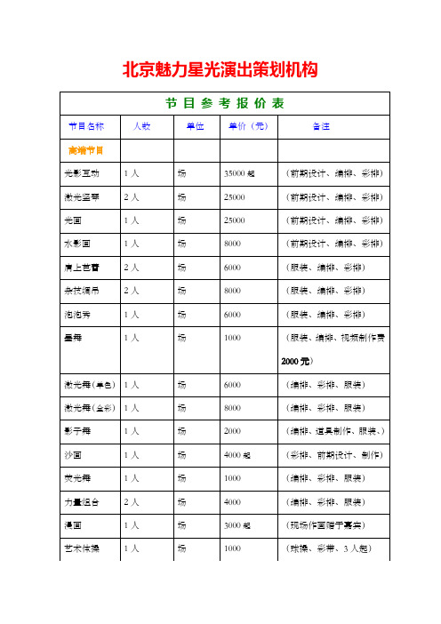 演艺人员报价表