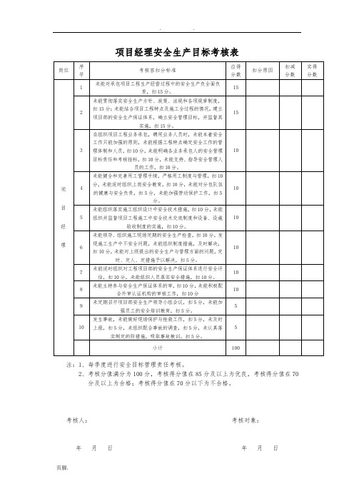 项目部安全生产目标考核表