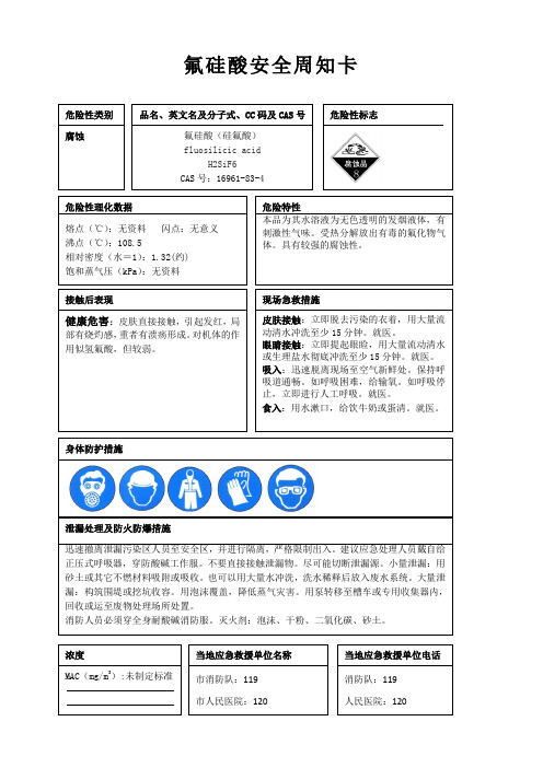 氟硅酸安全周知卡、职业危害告知卡、理化特性表