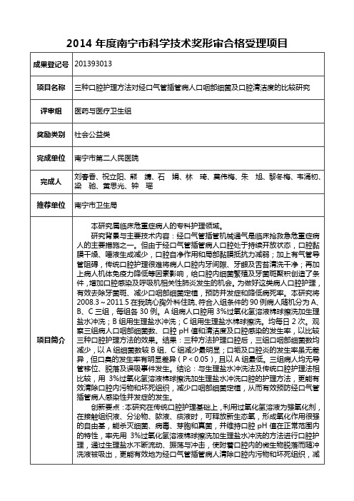 2014南宁科学技术奖形审合格受理项目