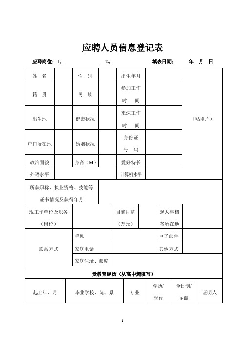 应聘人员信息登记表