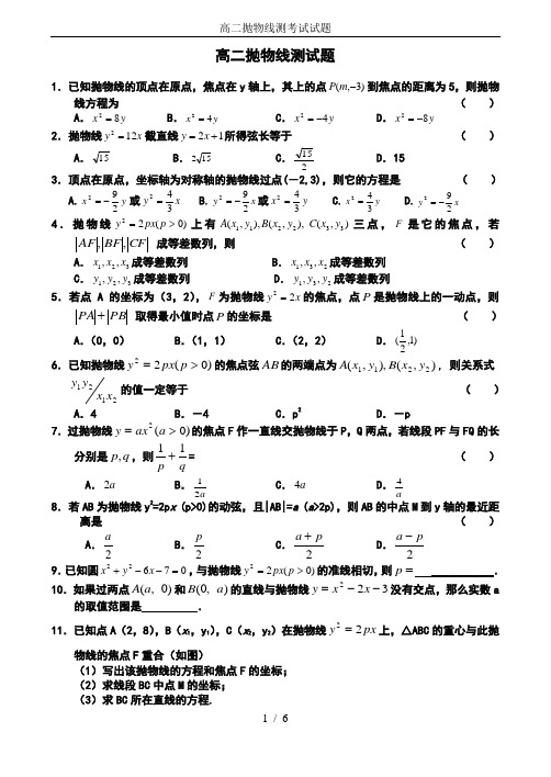 高二抛物线测考试试题