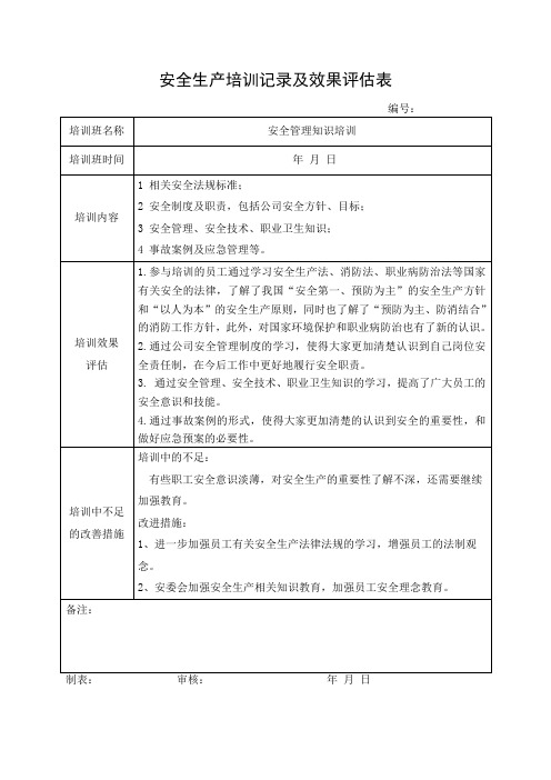 安全培训记录效果评估表安全管理知识培训参考模板范本