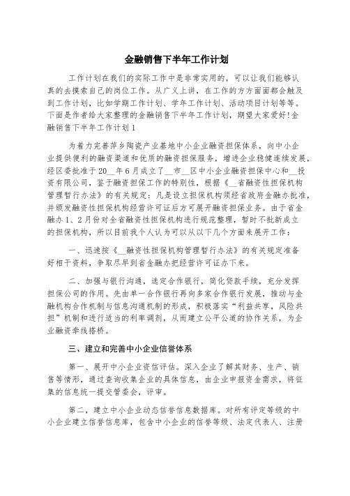 金融销售下半年工作计划