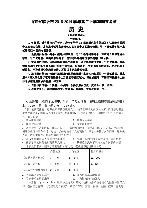 山东省临沂市2018-2019学年高二上学期期末考试历史试题